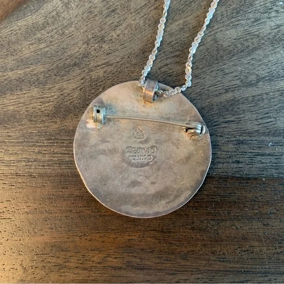 Sterling Silver Necklace Crushed Turquoise Pendant Brooch Vtg Stamp 925 FJCTaxco - Picture 5 of 7